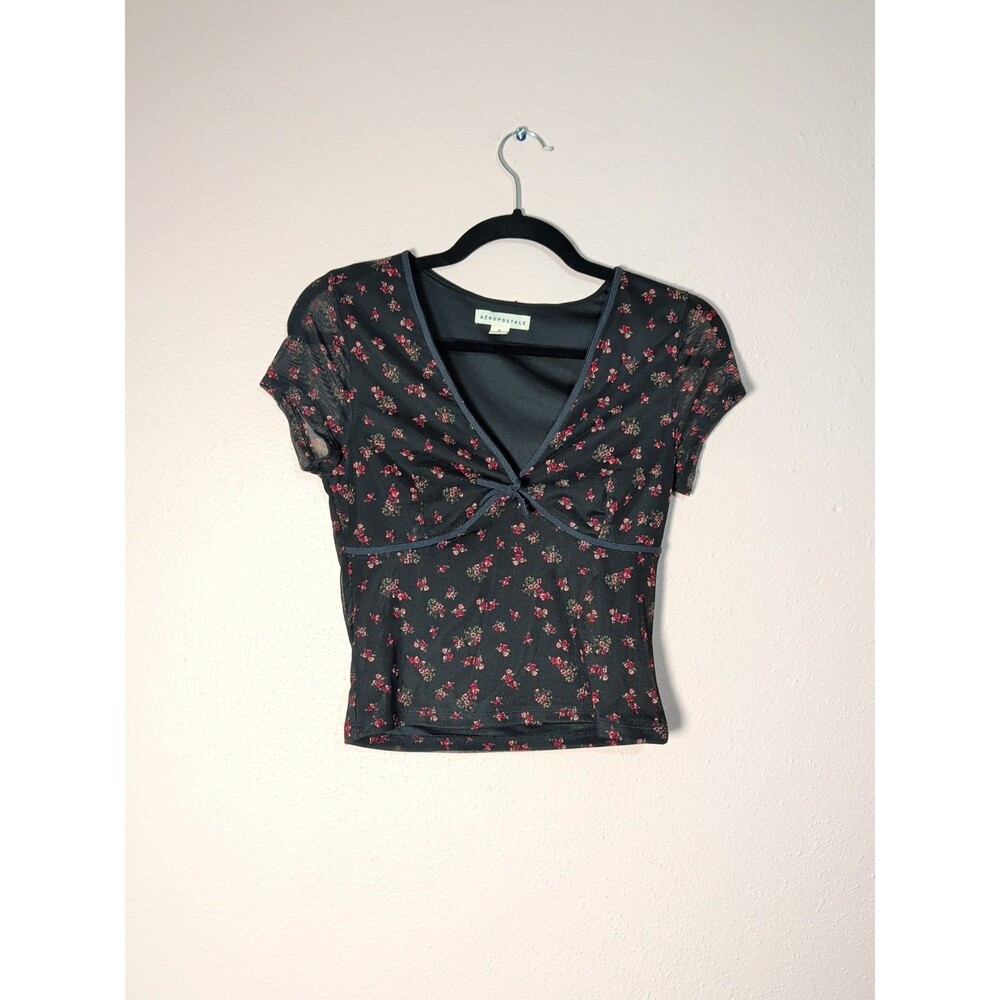 ❤️Aeropostale Crop Womens M Black Floral Mesh V Neck Short Sleeve Y2K Blouse❤️ - Picture 2 of 10